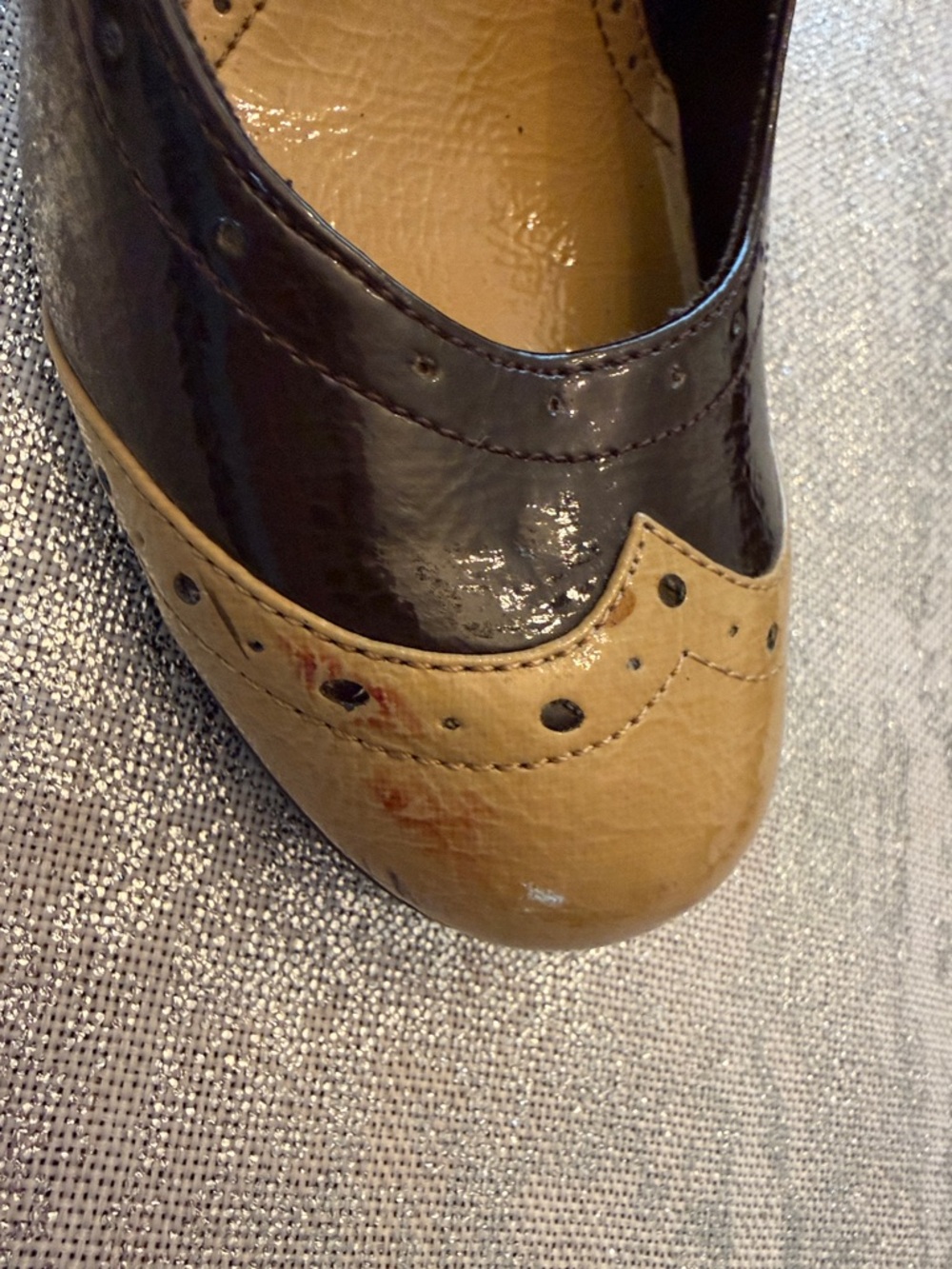 Rampage Two-Tone Brown and Tan Patent Wingtip Heels - Picture 4 of 6
